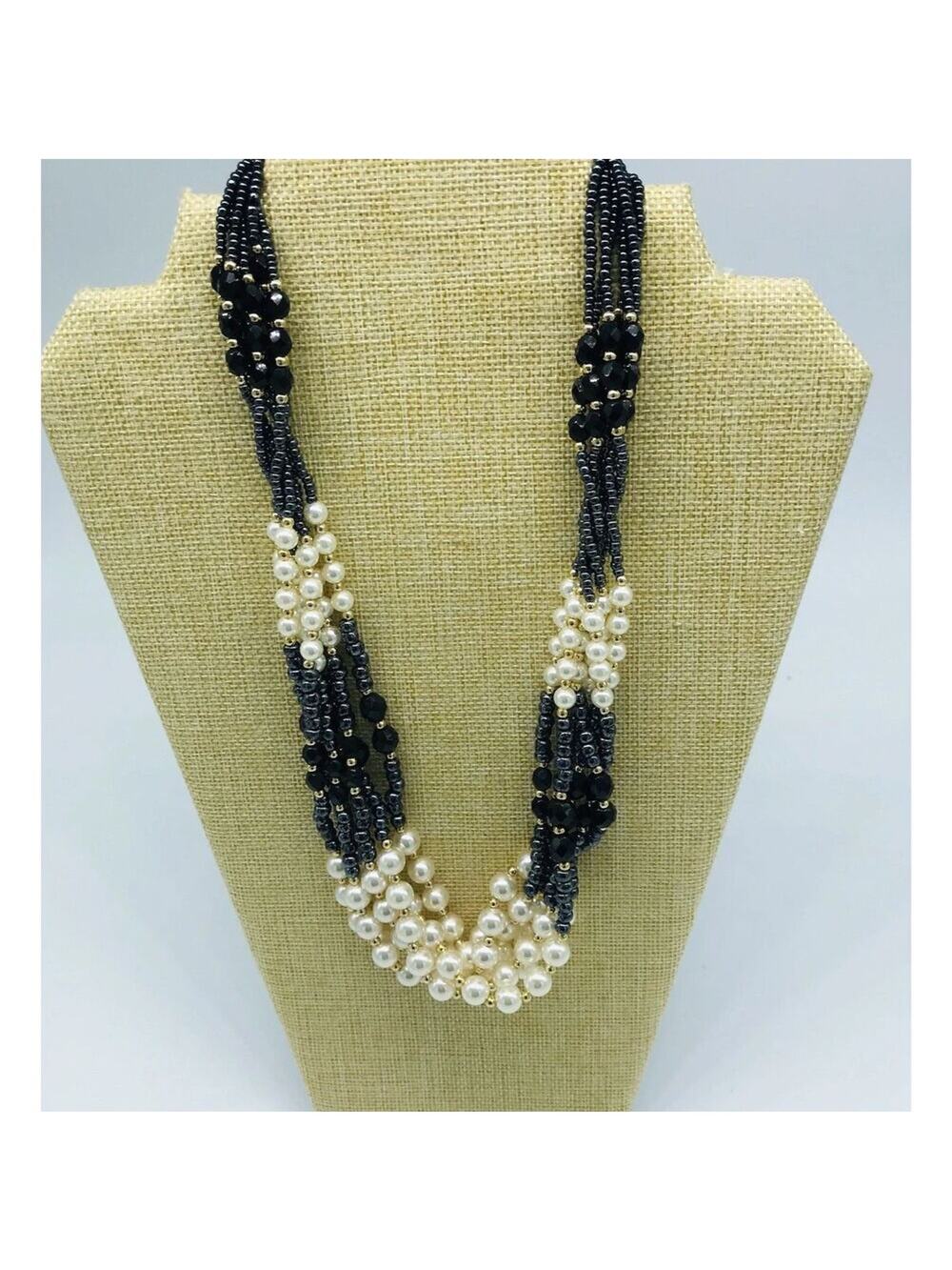Multi Strand Faux Pearl Glass Beads Gold Tone Spacers Necklace Great‎ Beautiful
